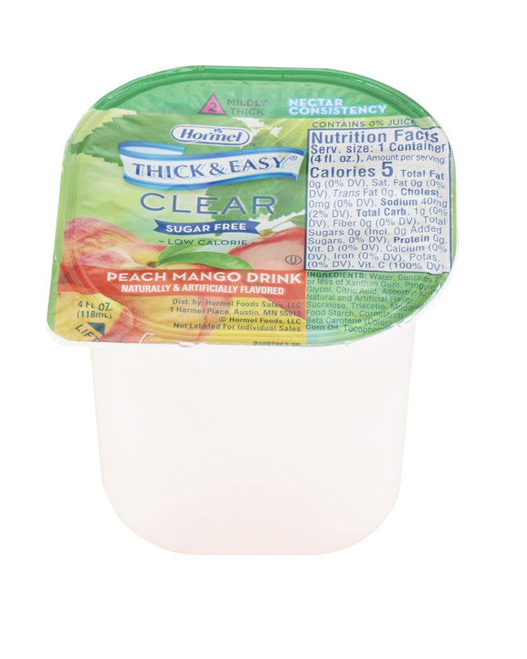 Thick & Easy® Clear Nectar Consistency Sugar-Free Peach Mango Thickened Beverage, 4-ounce Cup – Food Thickeners | <ul> <li>Mildly thick or nectar consistency (IDDSI-2) as rated by the International Dysphagia Diet Standardisation Initiative</li> <li>Fortified with vitamins and minerals, and eac