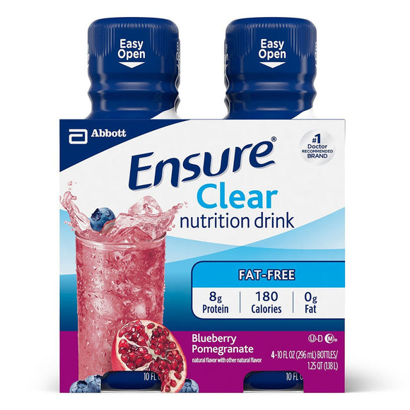 Ensure® Clear Blueberry Pomegranate Oral Protein Supplement, 10 oz. Bottle – Nutritional Drinks & Shakes | <ul> <li>Fat-free, refreshing fruit-flavored nutrition drink that contains high-quality protein and essential nutrients</li> <li>Ideal for patients who prefer a fruit-flavored alte