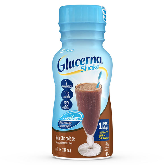 Glucerna® Shake Chocolate Oral Supplement, 8-ounce bottle – Nutritional Drinks & Shakes | <ul> <li>Glucerna shakes have blends of slow-release carbohydrates to help minimize blood sugar spikes</li> <li>Delicious taste to help curb cravings</li> <li>Each bottle contains