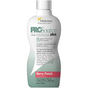 ProSource® Plus Berry Punch Protein Supplement, 32-ounce Bottle – Protein Powder | <ul> <li>Concentrated liquid blend of both collagen and whey proteins providing 15 grams of protein per 1-oz serving</li> <li>Provides 100% of essential and non-essential amino aci