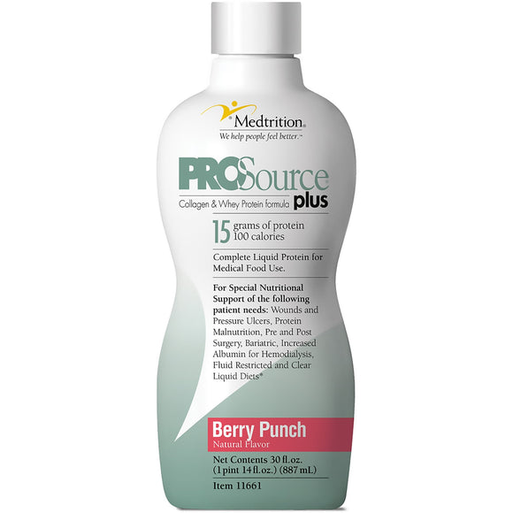 ProSource® Plus Berry Punch Protein Supplement, 32-ounce Bottle – Protein Powder | <ul> <li>Concentrated liquid blend of both collagen and whey proteins providing 15 grams of protein per 1-oz serving</li> <li>Provides 100% of essential and non-essential amino aci