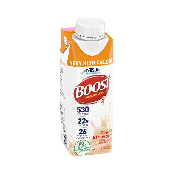 Boost® Very High Calorie Strawberry Oral Supplement, 8 oz. Carton – Nutritional Drinks & Shakes | <ul> <li>Appropriate for medication pass supplement programs</li> <li>530 calories per 8-ounce carton – 16% of which are from protein</li> <li>Combines high calories with high prot