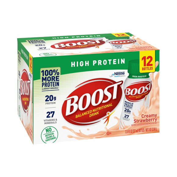 Boost® High Protein Strawberry Oral Supplement, 8 oz. Bottle – Nutritional Drinks & Shakes | <ul> <li>Protein is a building block of muscle, necessary to build and repair tissue</li> <li> Every 8-ounce bottle contains 20 grams of high-quality protein (40% Daily Value) plus
