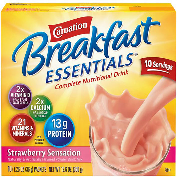 Carnation Breakfast Essentials® Strawberry Oral Supplement, 1.26 oz. Packet – Health & Beauty | <ul> <li>Nestle Carnation Breakfast Essentials individual packets have 13 grams of protein and 220 calories, providing energy and building muscle</li> <li>These essential minerals