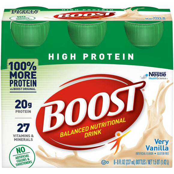 Boost® High Protein Vanilla Oral Supplement, 8 oz. Bottle – Nutritional Drinks & Shakes | <ul> <li>Protein is a building block of muscle, necessary to build and repair tissue</li> <li> Every 8 fl oz bottle contains 20 grams of the high-quality protein (40% Daily Value)