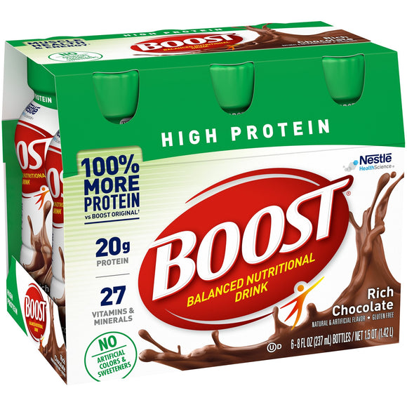 Boost® High Protein Chocolate Oral Supplement, 8 oz. Bottle – Nutritional Drinks & Shakes | <ul> <li>Protein is a building block of muscle, necessary to build and repair tissue</li> <li> Every 8 fl oz bottle contains 20 Grams of the high-quality protein (40% Daily Value)