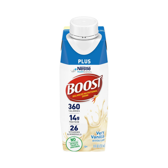 Boost Plus® Vanilla Oral Supplement, 8 oz. Carton – Nutritional Drinks & Shakes | <ul> <li>Convenient reclosable cap: After opening, you can easily replace cap on container to store remaining beverage in the refrigerator for up to 24 hours</li> <li>3 Grams of PR