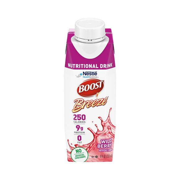 Boost Breeze® Wild Berry Oral Supplement, 8 oz. Carton – Nutritional Drinks & Shakes | <ul> <li>Supports wound healing and alleviates malnourishment, experienced by those undergoing cancer treatment or suffering from fat malabsorption</li> <li>Alternative to shake-ty