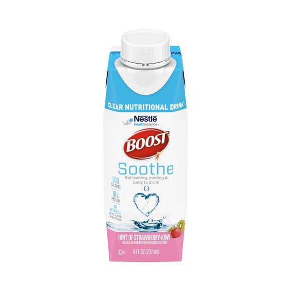 Boost® Soothe Strawberry Kiwi Oral Supplement, 8 oz. Carton – Nutritional Drinks & Shakes | <ul> <li>10 grams of protein to help maintain muscle </li> <li>300 calories provide energy</li> <li>Hint of strawberry-kiwi flavor, with a soothing, cooling effect, is designed for